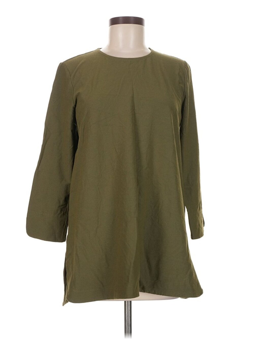 Eileen Fisher Green Tunic Top 3/4 Sleeve Stretch Knit Curved Hem Size M - Picture 2 of 6